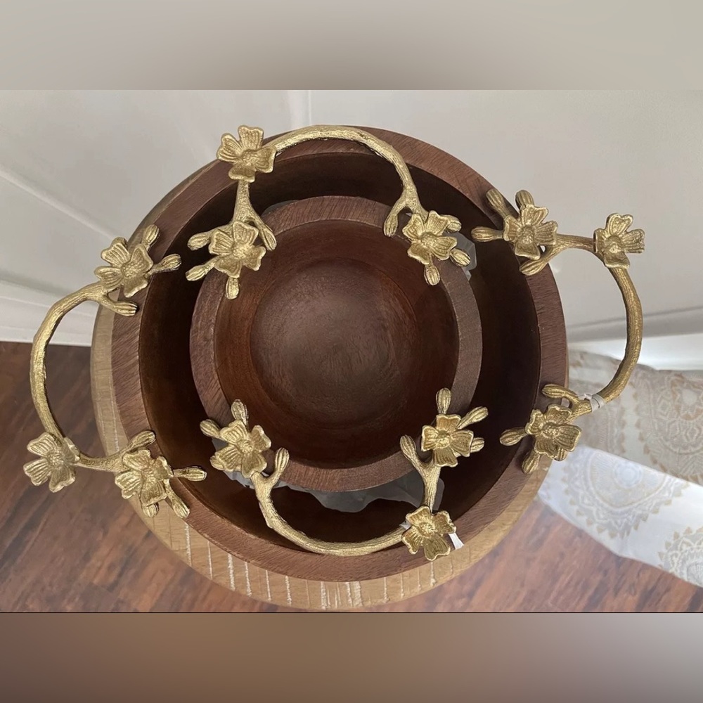 Crafted Wooden Bowls Brass Floral Handles Made in India NWT